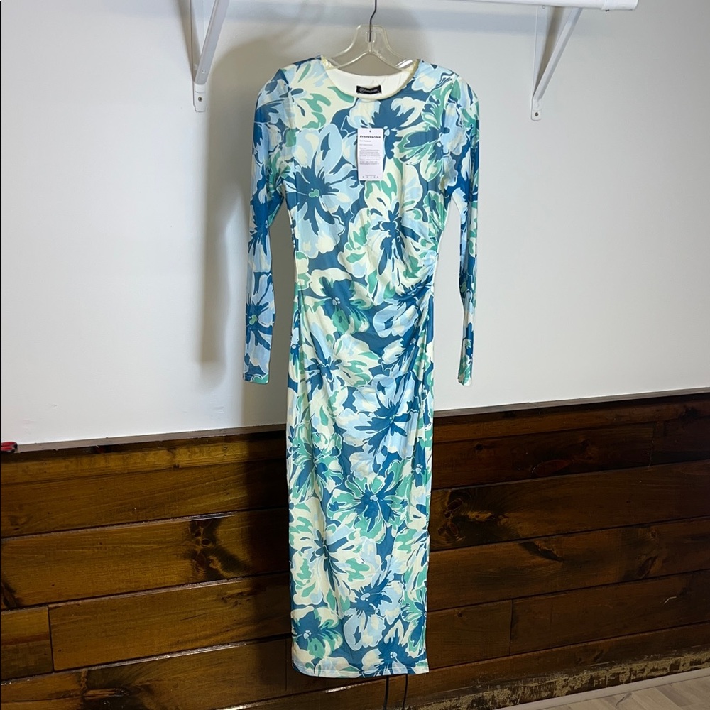 NWT PrettyGarden Maxi Mesh Bodycon Floral Long Sleeve Dress- S‎